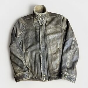 Carbon2Cobalt Leather Jacket Mens Medium Brown Shearling Lamb Trim Flight Bomber